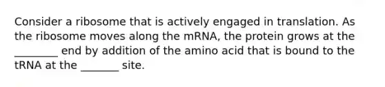 Consider a ribosome that is actively engaged in translation. As the ribosome moves along the mRNA, the protein grows at the ________ end by addition of the amino acid that is bound to the tRNA at the _______ site.