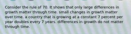 Consider the rule of 70. It shows that only large differences in growth matter through time. small changes in growth matter over time. a country that is growing at a constant 7 percent per year doubles every 7 years. differences in growth do not matter through time.