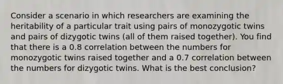 Consider a scenario in which researchers are examining the heritability of a particular trait using pairs of monozygotic twins and pairs of dizygotic twins (all of them raised together). You find that there is a 0.8 correlation between the numbers for monozygotic twins raised together and a 0.7 correlation between the numbers for dizygotic twins. What is the best conclusion?