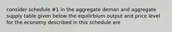 consider schedule #1 in the aggregate deman and aggregate supply table given below the equilirbium output and price level for the economy described in this schedule are