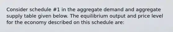 Consider schedule #1 in the aggregate demand and aggregate supply table given below. The equilibrium output and price level for the economy described on this schedule are: