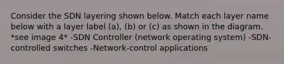 Consider the SDN layering shown below. Match each layer name below with a layer label (a), (b) or (c) as shown in the diagram. *see image 4* -SDN Controller (network operating system) -SDN-controlled switches -Network-control applications