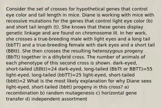 Consider the set of crosses for hypothetical genes that control eye color and tail length in mice. Diane is working with mice with recessive mutations for the genes that control light eye color (b) and short tail length (t). She knows that these genes display genetic linkage and are found on chromosome III. In her work, she crosses a true‑breeding male with light eyes and a long tail (bbTT) and a true‑breeding female with dark eyes and a short tail (BBtt). She then crosses the resulting heterozygous progeny (BbTt) together in a dihybrid cross. The number of animals of each phenotype of this second cross is shown. dark‑eyed, short‑tailed (𝐵𝐵𝑡𝑡)=24 dark‑eyed, long‑tailed (BbTt or BBTT)=55 light‑eyed, long‑tailed (bbTT)=25 light‑eyed, short‑tailed (bbtt)=2 What is the most likely explanation for why Diane sees light‑eyed, short‑tailed (bbtt) progeny in this cross? a) recombination b) random mutagenesis c) horizontal gene transfer d) independent assortment