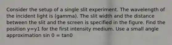 Consider the setup of a single slit experiment. The wavelength of the incident light is (gamma). The slit width and the distance between the slit and the screen is specified in the figure. Find the position y=y1 for the first intensity medium. Use a small angle approximation sin 0 = tan0