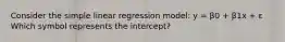 Consider the simple linear regression model: y = β0 + β1x + ε Which symbol represents the intercept?