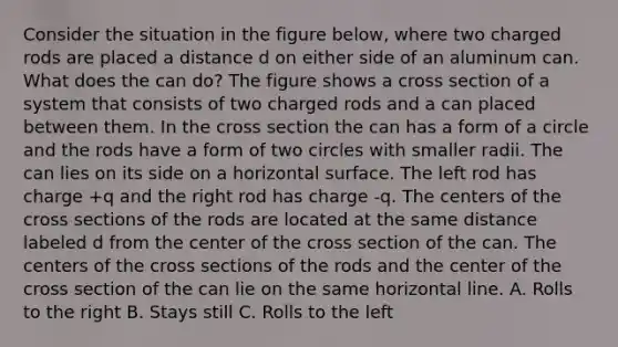 Consider the situation in the figure below, where two charged rods are placed a distance d on either side of an aluminum can. What does the can do? The figure shows a cross section of a system that consists of two charged rods and a can placed between them. In the cross section the can has a form of a circle and the rods have a form of two circles with smaller radii. The can lies on its side on a horizontal surface. The left rod has charge +q and the right rod has charge -q. The centers of the cross sections of the rods are located at the same distance labeled d from the center of the cross section of the can. The centers of the cross sections of the rods and the center of the cross section of the can lie on the same horizontal line. A. Rolls to the right B. Stays still C. Rolls to the left