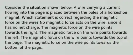 Consider the situation shown below. A wire carrying a current flowing into the page is placed between the poles of a horseshoe magnet. Which statement is correct regarding the magnetic force on the wire? No magnetic force acts on the wire, since it has no net charge. The magnetic force on the wire points towards the right. The magnetic force on the wire points towards the left. The magnetic force on the wire points towards the top of the page. The magnetic force on the wire points towards the bottom of the page..