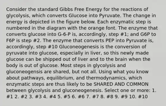 Consider the standard Gibbs Free Energy for the reactions of glycolysis, which converts Glucose into Pyruvate. The change in energy is depicted in the figure below. Each enzymatic step is numbered in the diagram with the orange font. The enzyme that converts glucose into G-6-P is, accordingly, step #1; and G6P to F6P is step #2. The enzyme that converts PEP into Pyruvate is, accordingly, step #10 Gluconeogenesis is the conversion of pyruvate into glucose, especially in liver, so this newly made glucose can be shipped out of liver and to the brain when the body is out of glucose. Most steps in glycolysis and gluconeogensis are shared, but not all. Using what you know about pathways, equilibrium, and thermodynamics, which enzymatic steps are thus likely to be SHARED AND COMMON between glycolysis and gluconeogenesis. Select one or more: 1. #1 2. #2 3. #3 4. #4 5. #5 6. #6 7. #7 8. #8 9. #9 10. #10