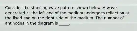 Consider the standing wave pattern shown below. A wave generated at the left end of the medium undergoes reflection at the fixed end on the right side of the medium. The number of antinodes in the diagram is _____.