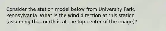 Consider the station model below from University Park, Pennsylvania. What is the wind direction at this station (assuming that north is at the top center of the image)?