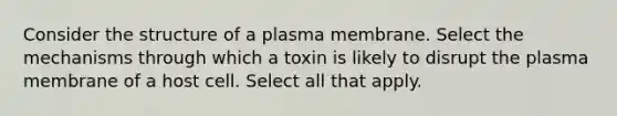 Consider the structure of a plasma membrane. Select the mechanisms through which a toxin is likely to disrupt the plasma membrane of a host cell. Select all that apply.