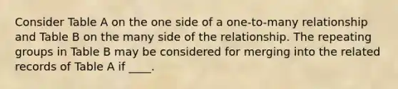 Consider Table A on the one side of a one-to-many relationship and Table B on the many side of the relationship. The repeating groups in Table B may be considered for merging into the related records of Table A if ____.