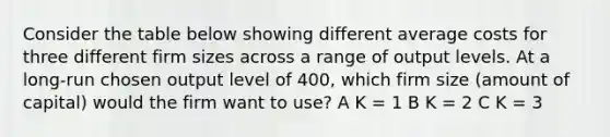 Consider the table below showing different average costs for three different firm sizes across a range of output levels. At a long-run chosen output level of 400, which firm size (amount of capital) would the firm want to use? A K = 1 B K = 2 C K = 3