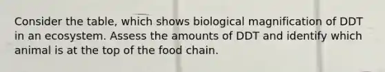 Consider the table, which shows biological magnification of DDT in an ecosystem. Assess the amounts of DDT and identify which animal is at the top of the food chain.