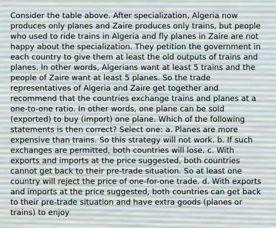 Consider the table above. After specialization, Algeria now produces only planes and Zaire produces only trains, but people who used to ride trains in Algeria and fly planes in Zaire are not happy about the specialization. They petition the government in each country to give them at least the old outputs of trains and planes. In other words, Algerians want at least 5 trains and the people of Zaire want at least 5 planes. So the trade representatives of Algeria and Zaire get together and recommend that the countries exchange trains and planes at a one-to-one ratio. In other words, one plane can be sold (exported) to buy (import) one plane. Which of the following statements is then correct? Select one: a. Planes are more expensive than trains. So this strategy will not work. b. If such exchanges are permitted, both countries will lose. c. With exports and imports at the price suggested, both countries cannot get back to their pre-trade situation. So at least one country will reject the price of one-for-one trade. d. With exports and imports at the price suggested, both countries can get back to their pre-trade situation and have extra goods (planes or trains) to enjoy