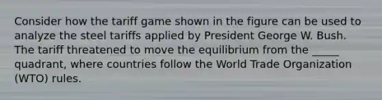 Consider how the tariff game shown in the figure can be used to analyze the steel tariffs applied by President George W. Bush. The tariff threatened to move the equilibrium from the _____ quadrant, where countries follow the World Trade Organization (WTO) rules.