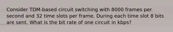 Consider TDM-based circuit switching with 8000 frames per second and 32 time slots per frame. During each time slot 8 bits are sent. What is the bit rate of one circuit in kbps?