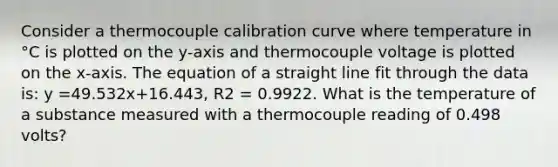 Consider a thermocouple calibration curve where temperature in °C is plotted on the y-axis and thermocouple voltage is plotted on the x-axis. The equation of a straight line fit through the data is: y =49.532x+16.443, R2 = 0.9922. What is the temperature of a substance measured with a thermocouple reading of 0.498 volts?