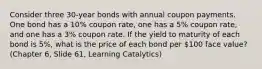 Consider three 30-year bonds with annual coupon payments. One bond has a 10% coupon rate, one has a 5% coupon rate, and one has a 3% coupon rate. If the yield to maturity of each bond is 5%, what is the price of each bond per 100 face value? (Chapter 6, Slide 61, Learning Catalytics)