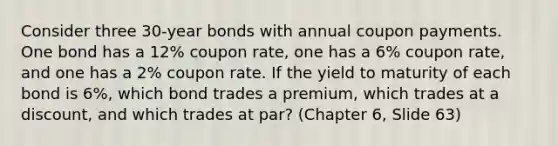 Consider three 30-year bonds with annual coupon payments. One bond has a 12% coupon rate, one has a 6% coupon rate, and one has a 2% coupon rate. If the yield to maturity of each bond is 6%, which bond trades a premium, which trades at a discount, and which trades at par? (Chapter 6, Slide 63)