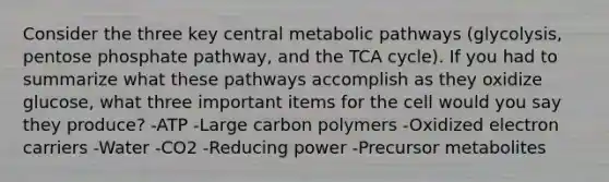 Consider the three key central metabolic pathways (glycolysis, pentose phosphate pathway, and the TCA cycle). If you had to summarize what these pathways accomplish as they oxidize glucose, what three important items for the cell would you say they produce? -ATP -Large carbon polymers -Oxidized electron carriers -Water -CO2 -Reducing power -Precursor metabolites