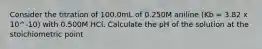 Consider the titration of 100.0mL of 0.250M aniline (Kb = 3.82 x 10^-10) with 0.500M HCl. Calculate the pH of the solution at the stoichiometric point