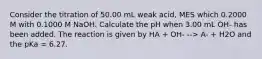 Consider the titration of 50.00 mL weak acid, MES which 0.2000 M with 0.1000 M NaOH. Calculate the pH when 3.00 mL OH- has been added. The reaction is given by HA + OH- --> A- + H2O and the pKa = 6.27.