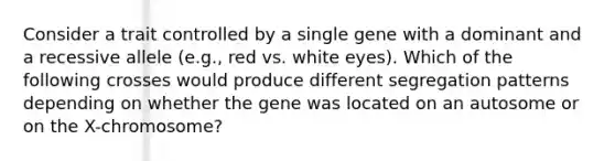 Consider a trait controlled by a single gene with a dominant and a recessive allele (e.g., red vs. white eyes). Which of the following crosses would produce different segregation patterns depending on whether the gene was located on an autosome or on the X-chromosome?