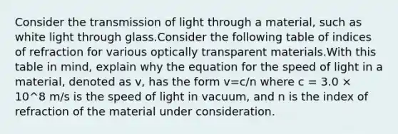 Consider the transmission of light through a material, such as white light through glass.Consider the following table of indices of refraction for various optically transparent materials.With this table in mind, explain why the equation for the speed of light in a material, denoted as v, has the form v=c/n where c = 3.0 × 10^8 m/s is the speed of light in vacuum, and n is the index of refraction of the material under consideration.