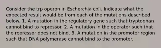 Consider the trp operon in Escherchia coli. Indicate what the expected result would be from each of the mutations described below. 1. A mutation in the regulatory gene such that tryptophan cannot bind to repressor. 2. A mutation in the operator such that the repressor does not bind. 3. A mutation in the promoter region such that DNA polymerase cannot bind to the promoter.