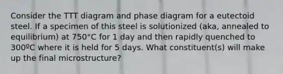 Consider the TTT diagram and phase diagram for a eutectoid steel. If a specimen of this steel is solutionized (aka, annealed to equilibrium) at 750°C for 1 day and then rapidly quenched to 300ºC where it is held for 5 days. What constituent(s) will make up the final microstructure?