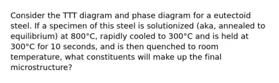 Consider the TTT diagram and phase diagram for a eutectoid steel. If a specimen of this steel is solutionized (aka, annealed to equilibrium) at 800°C, rapidly cooled to 300°C and is held at 300°C for 10 seconds, and is then quenched to room temperature, what constituents will make up the final microstructure?