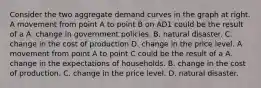 Consider the two aggregate demand curves in the graph at right. A movement from point A to point B on AD1 could be the result of a A. change in government policies. B. natural disaster. C. change in the cost of production D. change in the price level. A movement from point A to point C could be the result of a A. change in the expectations of households. B. change in the cost of production. C. change in the price level. D. natural disaster.