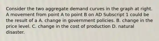 Consider the two aggregate demand curves in the graph at right. A movement from point A to point B on AD Subscript 1 could be the result of a A. change in government policies. B. change in the price level. C. change in the cost of production D. natural disaster.