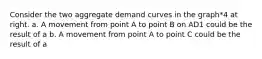 Consider the two aggregate demand curves in the graph*4 at right. a. A movement from point A to point B on AD1 could be the result of a b. A movement from point A to point C could be the result of a