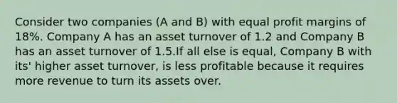 Consider two companies (A and B) with equal profit margins of 18%. Company A has an asset turnover of 1.2 and Company B has an asset turnover of 1.5.If all else is equal, Company B with its' higher asset turnover, is less profitable because it requires more revenue to turn its assets over.