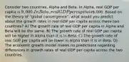 Consider two countries, Alpha and Beta. In Alpha, real GDP per capita is 9,000. In Beta, real GDP per capita is6,000. Based on the theory of "global convergence", what would you predict about the growth rates in real GDP per capita across these two countries? A) The growth rate of real GDP per capita in Alpha and Beta will be the same. B) The growth rate of real GDP per capita will be higher in Alpha than it is in Beta. C) The growth rate of real GDP per capita will be lower in Alpha than it is in Beta. D) The economic growth model makes no predictions regarding differences in growth rates of real GDP per capita across the two countries.