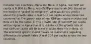 Consider two countries, Alpha and Beta. In Alpha, real GDP per capita is 9,000. In Beta, real GDP per capita is6,000. Based on the theory of "global convergence", what would you predict about the growth rates in real GDP per capita across these two countries? a) The growth rate of real GDP per capita in Alpha and Beta will be the same. b) The growth rate of real GDP per capita will be higher in Alpha than it is in Beta. c) The growth rate of real GDP per capita will be lower in Alpha than it is in Beta. d) The economic growth model makes no predictions regarding differences in growth rates of real GDP per capita across the two countries.