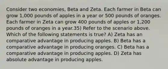 Consider two economies, Beta and Zeta. Each farmer in Beta can grow 1,000 pounds of apples in a year or 500 pounds of oranges. Each farmer in Zeta can grow 400 pounds of apples or 1,200 pounds of oranges in a year.35) Refer to the scenario above. Which of the following statements is true? A) Zeta has an comparative advantage in producing apples. B) Beta has a comparative advantage in producing oranges. C) Beta has a comparative advantage in producing apples. D) Zeta has absolute advantage in producing apples.