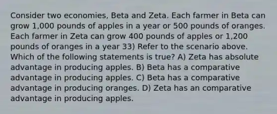 Consider two economies, Beta and Zeta. Each farmer in Beta can grow 1,000 pounds of apples in a year or 500 pounds of oranges. Each farmer in Zeta can grow 400 pounds of apples or 1,200 pounds of oranges in a year 33) Refer to the scenario above. Which of the following statements is true? A) Zeta has absolute advantage in producing apples. B) Beta has a comparative advantage in producing apples. C) Beta has a comparative advantage in producing oranges. D) Zeta has an comparative advantage in producing apples.