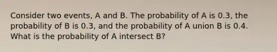 Consider two events, A and B. The probability of A is 0.3, the probability of B is 0.3, and the probability of A union B is 0.4. What is the probability of A intersect B?