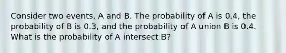 Consider two events, A and B. The probability of A is 0.4, the probability of B is 0.3, and the probability of A union B is 0.4. What is the probability of A intersect B?