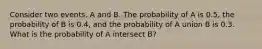 Consider two events, A and B. The probability of A is 0.5, the probability of B is 0.4, and the probability of A union B is 0.3. What is the probability of A intersect B?