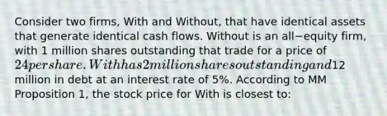 Consider two​ firms, With and​ Without, that have identical assets that generate identical cash flows. Without is an all−equity ​firm, with 1 million shares outstanding that trade for a price of​ 24 per share. With has 2 million shares outstanding and​12 million in debt at an interest rate of​ 5%. According to MM Proposition​ 1, the stock price for With is closest​ to: