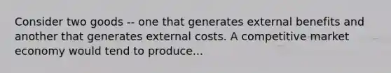 Consider two goods -- one that generates external benefits and another that generates external costs. A competitive market economy would tend to produce...