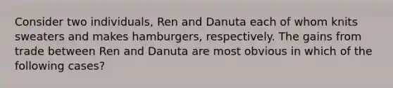 Consider two individuals, Ren and Danuta each of whom knits sweaters and makes hamburgers, respectively. The gains from trade between Ren and Danuta are most obvious in which of the following cases?