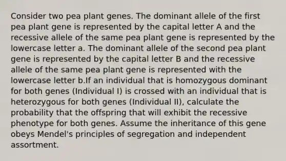 Consider two pea plant genes. The dominant allele of the first pea plant gene is represented by the capital letter A and the recessive allele of the same pea plant gene is represented by the lowercase letter a. The dominant allele of the second pea plant gene is represented by the capital letter B and the recessive allele of the same pea plant gene is represented with the lowercase letter b.If an individual that is homozygous dominant for both genes (Individual I) is crossed with an individual that is heterozygous for both genes (Individual II), calculate the probability that the offspring that will exhibit the recessive phenotype for both genes. Assume the inheritance of this gene obeys Mendel's principles of segregation and independent assortment.