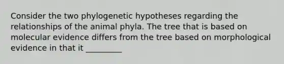 Consider the two phylogenetic hypotheses regarding the relationships of the animal phyla. The tree that is based on molecular evidence differs from the tree based on morphological evidence in that it _________