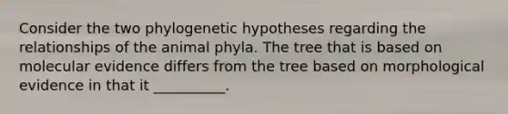 Consider the two phylogenetic hypotheses regarding the relationships of the animal phyla. The tree that is based on molecular evidence differs from the tree based on morphological evidence in that it __________.