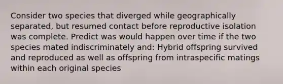 Consider two species that diverged while geographically separated, but resumed contact before reproductive isolation was complete. Predict was would happen over time if the two species mated indiscriminately and: Hybrid offspring survived and reproduced as well as offspring from intraspecific matings within each original species